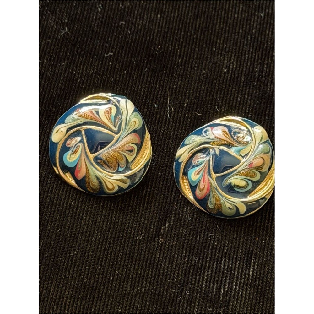 Vintage Enamel Pierced Stud Earrings Blue Gold Swirl Art Nouveau Round 1in